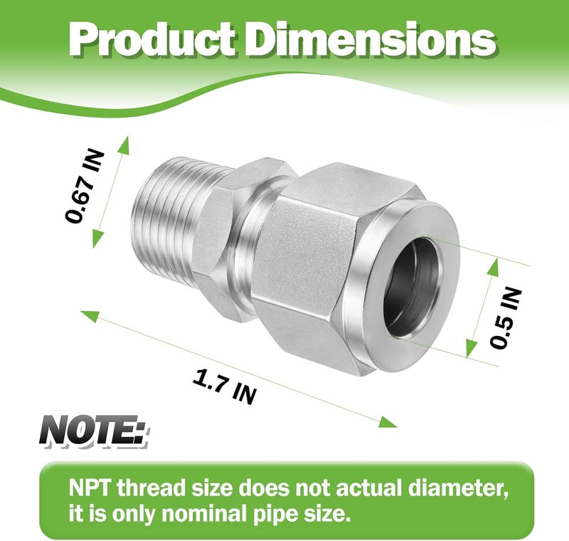 Goldpea 2PCS 304 Stainless Steel Compression Tube Fitting, 1/2" OD x 3/8" NPT Male Straight Adapter with Double Ferrules - Image 4